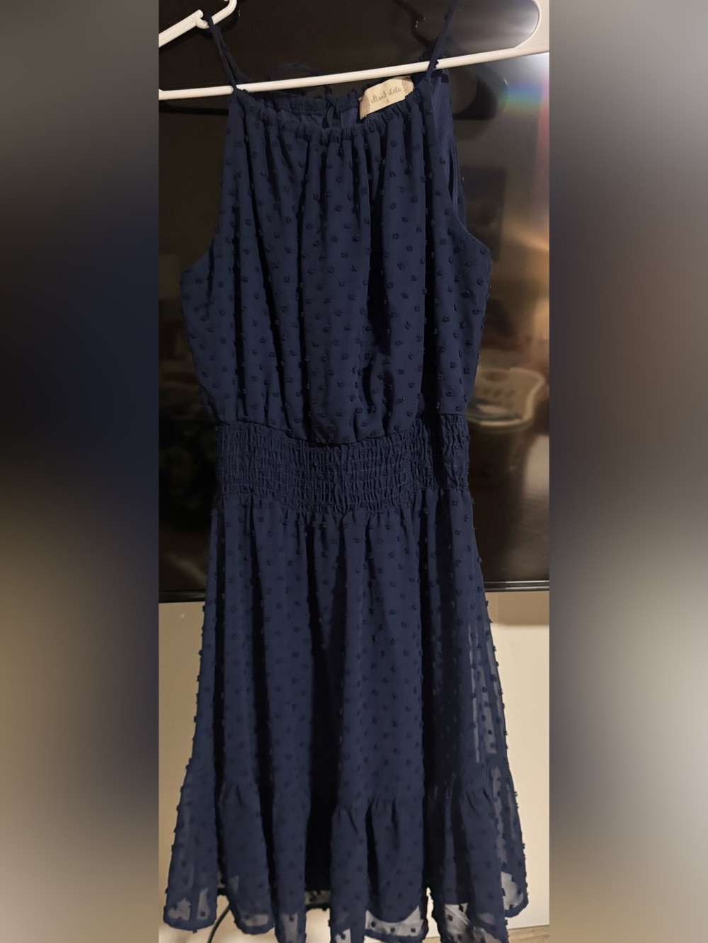 Altar'd State Navy Swiss Dot Halter Mini Dress